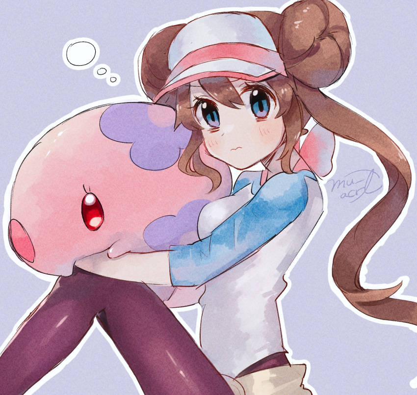 1girl bangs black_legwear blue_eyes blush breasts brown_hair bubble closed_mouth creatures_(company) double_bun eyebrows_visible_through_hair game_freak gen_5_pokemon graffiti hair_between_eyes highres long_hair long_sleeves looking_at_viewer mei_(pokemon) mu_acrt munna nintendo no_pants pantyhose perky_breasts pokemon pokemon_(game) pokemon_bw2 ribbon_bra shorts simple_background sitting solo thighs upper_body visor_cap yellow_shorts