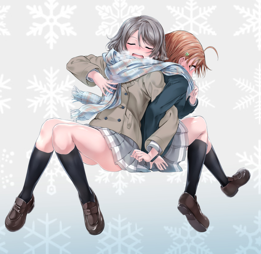 2girls absurdres ahoge back-to-back blush breath brown_hair closed_eyes clover_hair_ornament coat commentary_request covering_mouth hair_ornament highres loafers locked_arms love_live! love_live!_sunshine!! multiple_girls nose_blush orange_hair pleated_skirt scarf shared_scarf shoes short_hair sitting skirt snowflake_background takami_chika watanabe_you winter_clothes winter_coat yuri yuuki_(nijiiro_palette)