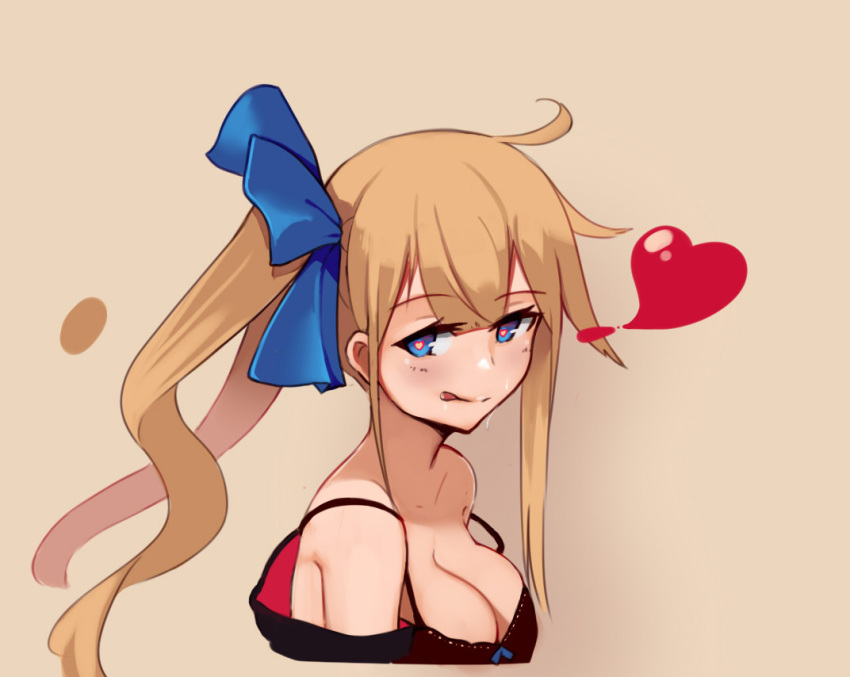1girl :q ahoge bare_shoulders blonde_hair blue_eyes blue_ribbon bra breasts brown_bra cleavage color_guide fal_(girls_frontline) from_side girls_frontline hair_ribbon heart heart-shaped_pupils kion-kun large_breasts long_hair looking_at_viewer looking_to_the_side off_shoulder ribbon simple_background solo sweat symbol-shaped_pupils tongue tongue_out underwear upper_body yellow_background