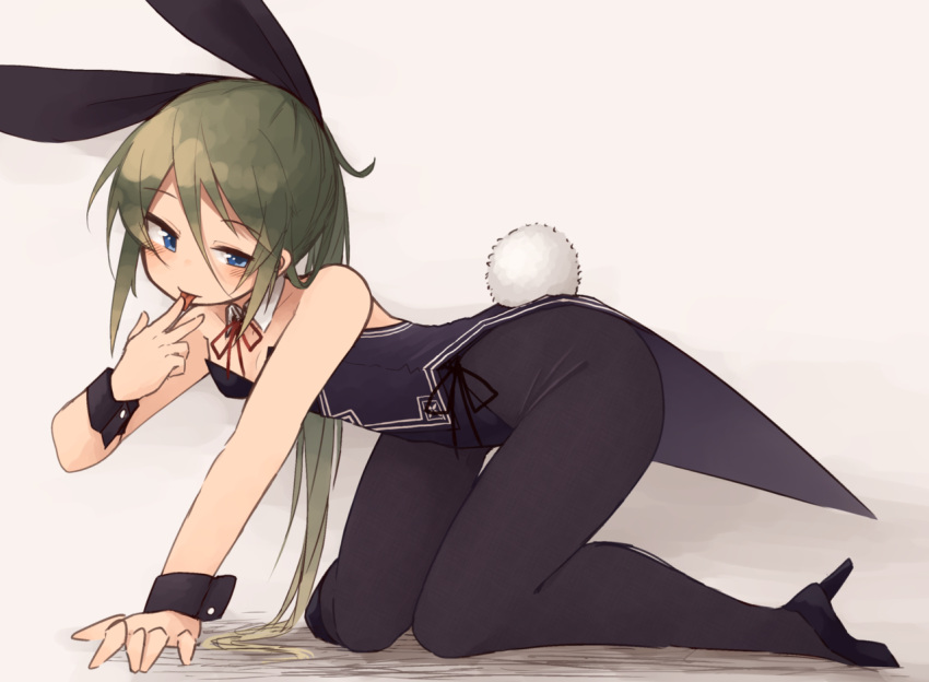 1girl all_fours bare_shoulders black_bow black_footwear black_legwear blue_eyes blue_leotard blush bow breasts bunny_girl bunny_tail bunnysuit detached_collar from_side green_hair hair_bow half-closed_eyes hand_to_own_mouth high_heels kaginoni large_bow leotard long_hair looking_at_viewer neck_ribbon original pantyhose ponytail red_neckwear red_ribbon ribbon selenoah small_breasts smile solo tail tongue tongue_out wrist_cuffs