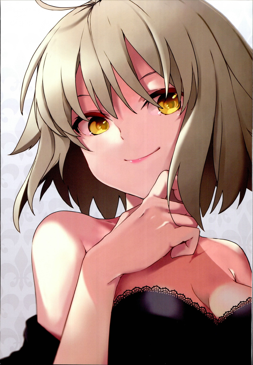 1girl absurdres ahoge bangs bare_shoulders black_dress breasts cleavage collarbone dress fate/grand_order fate_(series) hand_on_own_chin hand_up highres jeanne_d'arc_(alter)_(fate) jeanne_d'arc_(fate)_(all) light_brown_hair pink_lips ringoen scan short_hair smile solo strapless strapless_dress upper_body yellow_eyes