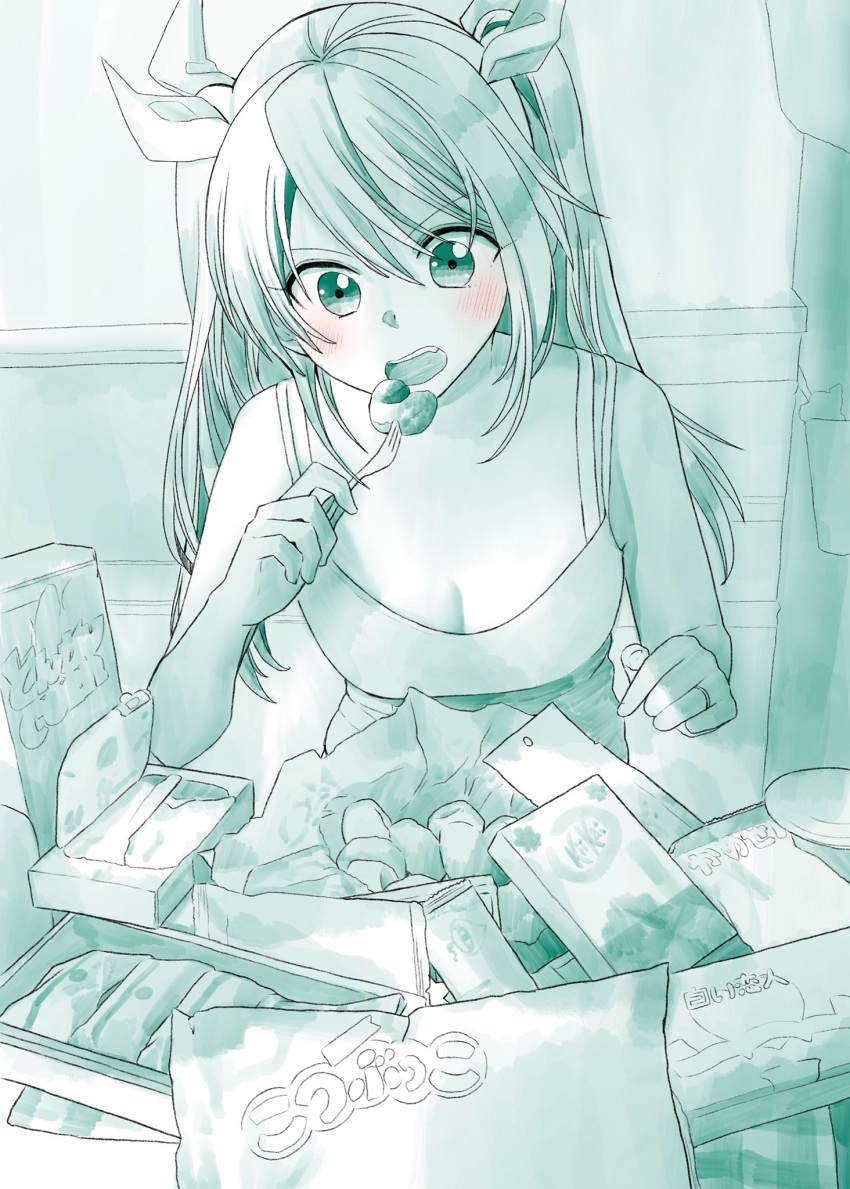 1girl bangs bare_arms bare_shoulders blue blush breasts camisole cleavage commentary_request eating food_request fork highres holding holding_fork jewelry kantai_collection long_hair monochrome open_mouth ring solo spot_color tone_(kantai_collection) twintails wedding_band yami_(m31)