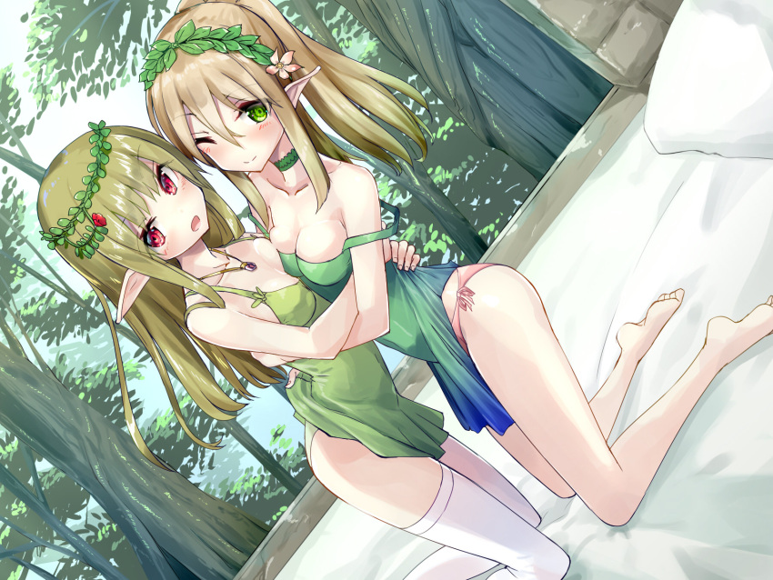 2girls :o ;) ass barefoot bed bed_sheet blue_sky blush breast_press choker copyright_request covered_navel dutch_angle elf flower green_choker green_skirt hair_flower hair_ornament head_wreath highres indoors jewelry kneeling light_brown_hair long_hair looking_at_viewer medium_breats multiple_girls necklace official_art on_bed one_eye_closed panties pillow pink_panties pointy_ears red_eyes side-tie_panties skirt skirt_lift sky smile symmetrical_docking tenrai thigh-highs tree underwear white_legwear window