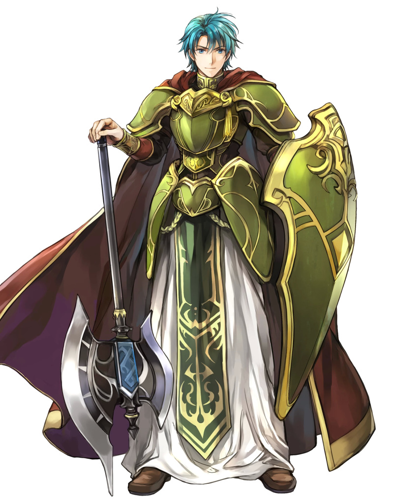 1boy aqua_eyes armor axe battle_axe boots brown_footwear cape cosplay ephraim fado_(fire_emblem) fado_(fire_emblem)_(cosplay) fire_emblem fire_emblem:_seima_no_kouseki fire_emblem_heroes full_armor green_armor green_hair highres holding_shield loincloth male_focus official_art pants red_cape robe shield short_hair shoulder_armor smile solo undershirt wada_sachiko weapon white_robe