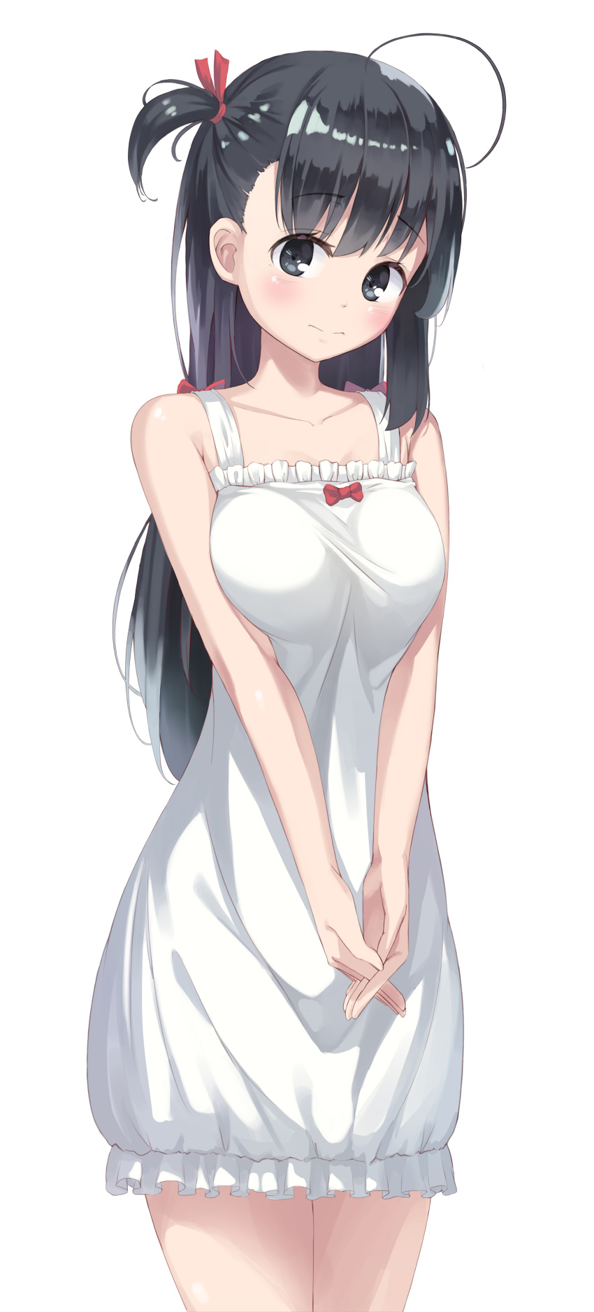 1girl absurdres ahoge bangs bare_arms bare_shoulders black_eyes black_hair blush bow breasts closed_mouth collarbone commentary_request cowboy_shot dress eyebrows_visible_through_hair frills frown hair_ribbon head_tilt highres kimyo looking_at_viewer medium_breasts one_side_up original own_hands_together pajamas red_bow red_ribbon ribbon single_sidelock sleeveless sleeveless_dress solo