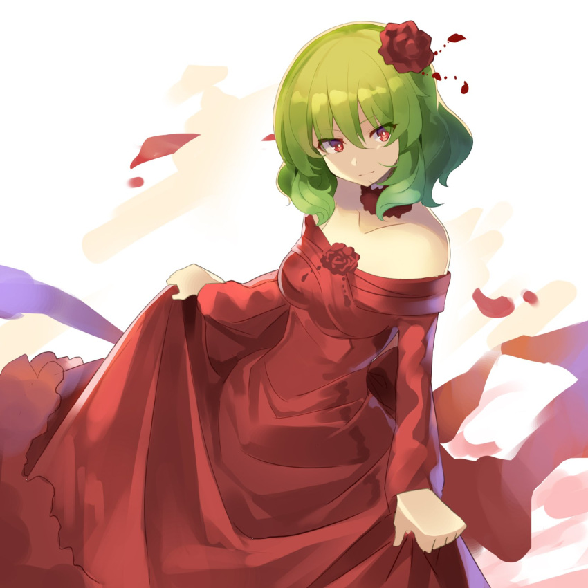 1girl alternate_costume bangs bare_shoulders breasts choker collarbone commentary_request dress eyebrows_visible_through_hair eyes_visible_through_hair flower frilled_choker frills green_hair hair_between_eyes hair_flower hair_ornament head_tilt highres kazami_yuuka long_dress long_sleeves looking_at_viewer medium_breasts off-shoulder_dress off_shoulder petals red_choker red_dress red_eyes red_flower red_rose rin_falcon rose short_hair skirt_hold smile solo touhou v-shaped_eyebrows white_background