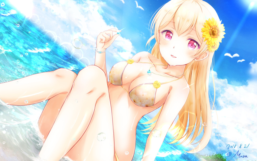 1girl artist_name bang_dream! bangs bikini blonde_hair blush bracelet breasts cleavage collarbone commentary_request dated day eyebrows_visible_through_hair floral_print flower hair_flower hair_ornament halterneck highres holding jewelry knees_up long_hair looking_at_viewer masa_(mirage77) medium_breasts ocean outdoors parted_lips pendant shirasagi_chisato sitting smile solo sparkle swimsuit violet_eyes water wet yellow_flower