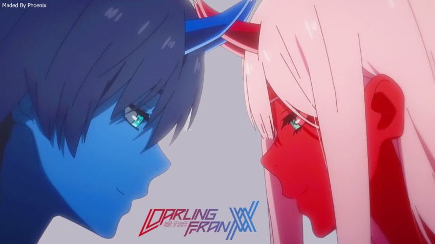 1boy 1girl alper57589 artist_name bangs black_hair blue_eyes blue_horns blue_sky commentary commentary_request copyright couple darling_in_the_franxx english_commentary face-to-face facing_another green_eyes hetero highres hiro_(darling_in_the_franxx) horns long_hair oni_horns pink_hair red_horns red_skin short_hair sky zero_two_(darling_in_the_franxx)