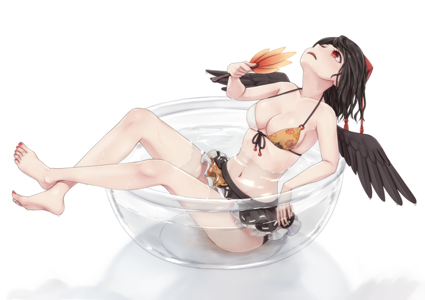 1girl adapted_costume bare_arms bare_legs bare_shoulders barefoot bikini black_hair black_skirt black_wings blush breasts collarbone commentary_request dtvisu fan feathered_wings front-tie_top full_body glass_bowl halterneck hat holding holding_fan in_bowl in_container leaf_fan leaf_print looking_up medium_breasts microskirt nail_polish navel o-ring o-ring_bikini open_mouth orange_bikini partially_submerged petticoat red_eyes red_nails shadow shameimaru_aya short_hair simple_background sitting skirt solo stomach swimsuit tassel thighs toenail_polish tokin_hat touhou water white_background white_bikini wings