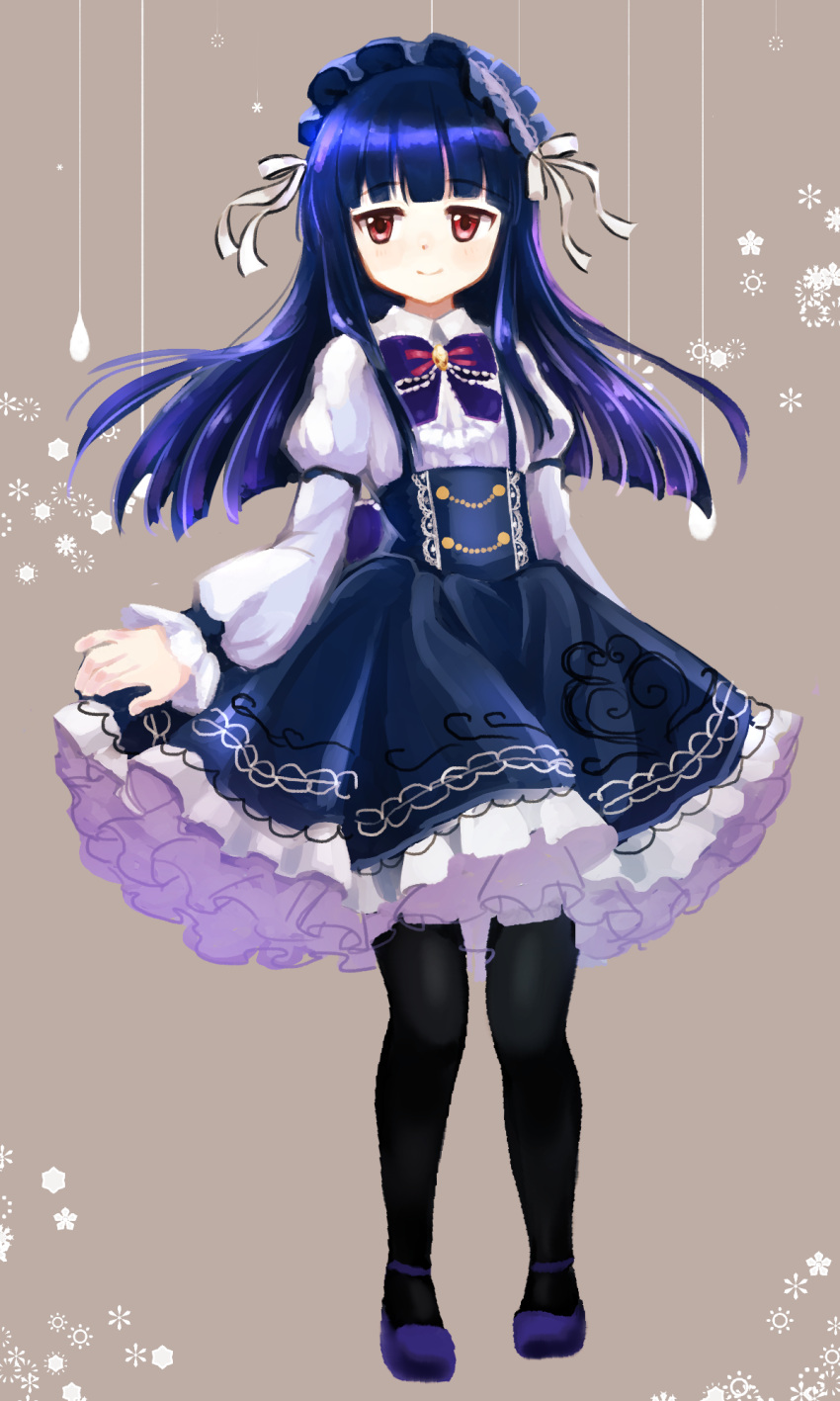 1girl bangs black_legwear blue_footwear blue_hair blue_skirt blunt_bangs bow bowtie closed_mouth collared_shirt dark_blue_hair eyebrows_visible_through_hair full_body hairband high-waist_skirt highres idolmaster idolmaster_cinderella_girls idolmaster_cinderella_girls_starlight_stage juliet_sleeves legs_apart lolita_hairband long_sleeves mugi_(user_khzh5853) pantyhose puffy_sleeves red_eyes ribbon sajou_yukimi shirt shoes skirt smile solo standing suspenders white_ribbon white_shirt