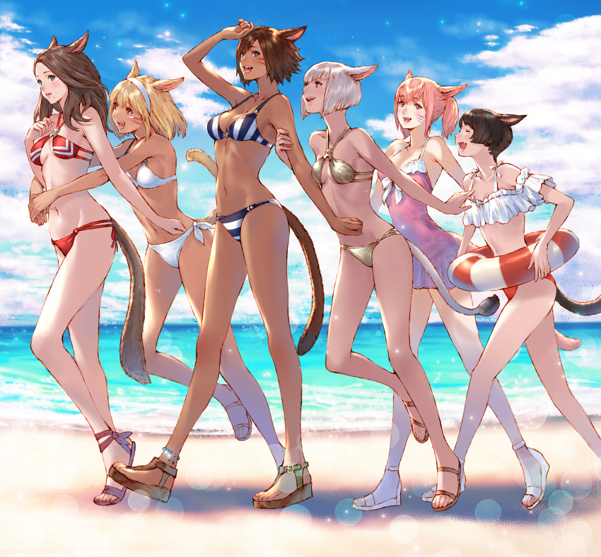 6+girls animal_ears anklet arm_hug bare_shoulders beach bikini blonde_hair blue_eyes blue_sky blush breasts brown_eyes brown_hair cat_ears cat_tail cleavage clouds dark_skin day facial_mark fang fangs final_fantasy final_fantasy_xiv green_eyes hairband highres hug hug_from_behind innertube jewelry lips long_hair makimura_shunsuke medium_breasts medium_hair miqo'te mole mole_under_eye mole_under_mouth multiple_girls navel ocean open_mouth outdoors pink_hair red_bikini sandals short_hair side-tie_bikini sky smile stomach striped striped_bikini swimsuit tail tan walking water whisker_markings white_bikini