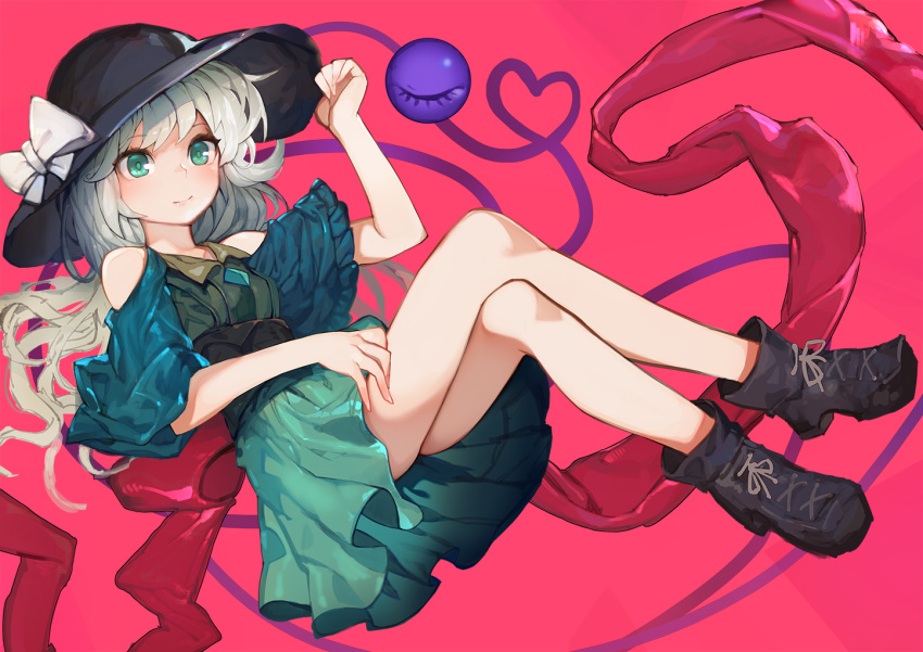 1girl alternate_costume boots commentary_request eyeball green_eyes hair_between_eyes heart heart_of_string komeiji_koishi looking_at_viewer onion_(onion_and_pi-natto) silver_hair solo third_eye touhou wavy_hair