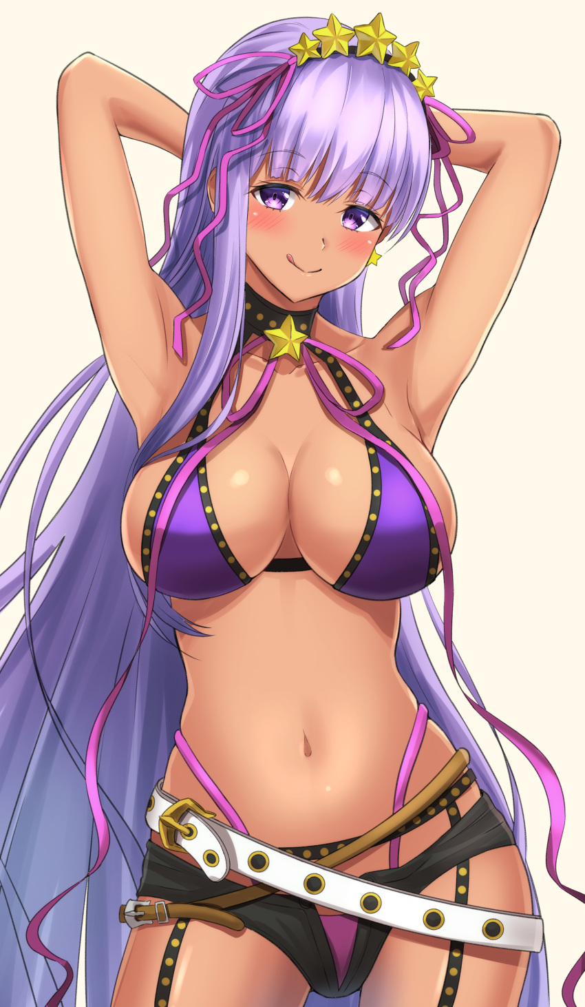 1girl :q absurdres armpits arms_behind_head arms_up bangs bb_(fate/extra_ccc) bb_(swimsuit_mooncancer)_(fate) belt belt_buckle bikini black_choker black_shorts blush breasts buckle choker cleavage closed_mouth collarbone commentary_request contrapposto cowboy_shot dark_skin earrings eyebrows_visible_through_hair fate/grand_order fate_(series) furan_(pixiv20237436) garter_belt gyaru hair_ornament hair_ribbon head_tilt highres jewelry large_breasts long_hair mismatched_bikini navel open_clothes open_fly open_shorts pink_background pink_bikini_bottom pink_ribbon purple_bikini_top purple_hair ribbon short_shorts shorts simple_background single_sidelock skindentation smile solo star star_earrings star_hair_ornament swimsuit thong tongue tongue_out very_long_hair violet_eyes