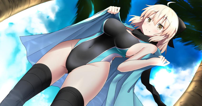 1girl ahoge black_bow black_legwear black_scarf blonde_hair blue_hair bow breasts competition_swimsuit day dutch_angle fate/grand_order fate_(series) haori japanese_clothes large_breasts looking_at_viewer minato_yoshihiro multicolored multicolored_clothes multicolored_swimsuit okita_souji_(fate) okita_souji_(fate)_(all) one-piece_swimsuit open_clothes outdoors scarf shinsengumi short_hair solo standing swimsuit thigh-highs undressing yellow_eyes