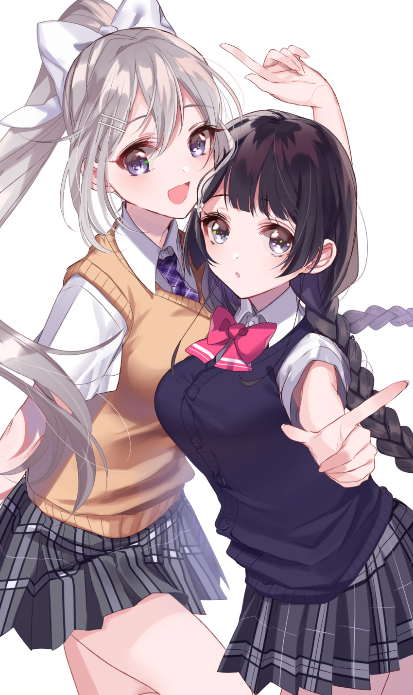 2girls :d :o bangs black_hair bow braid collared_shirt commentary_request dress_shirt eyebrows_visible_through_hair grey_eyes grey_skirt hair_between_eyes hair_bow hair_ornament hairclip high_ponytail highres higuchi_kaede long_hair low_twintails misumi_(macaroni) multiple_girls necktie nijisanji open_mouth parted_lips plaid plaid_neckwear plaid_skirt pleated_skirt ponytail purple_neckwear red_bow school_uniform shirt short_sleeves silver_hair simple_background skirt smile sweater_vest tsukino_mito twin_braids twintails very_long_hair violet_eyes virtual_youtuber white_background white_bow white_shirt