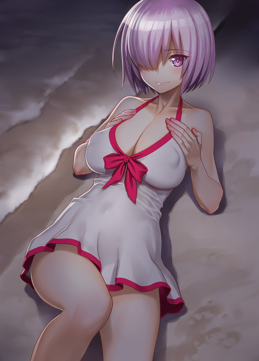 1girl beach blush bow covered_navel covered_nipples dress_swimsuit fate/grand_order fate_(series) hair_over_one_eye hands_on_own_chest highres lavender_hair looking_at_viewer lying mash_kyrielight minazuki_juuzou night on_back outdoors pink_bow short_hair solo swimsuit swimsuit_of_perpetual_summer violet_eyes waves white_swimsuit