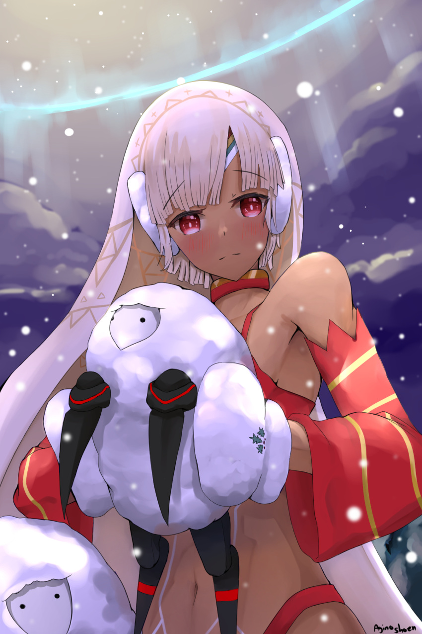 1girl agino altera_(fate) altera_the_santa animal armpits bangs bare_shoulders blush choker closed_mouth clouds collarbone dark_skin detached_sleeves earmuffs eyebrows_visible_through_hair fate/grand_order fate_(series) feet_out_of_frame full_body_tattoo gloves headdress highres holding holding_animal looking_at_viewer midriff navel night night_sky red_eyes sheep short_hair sky snowing solo tagme tan tattoo white_hair