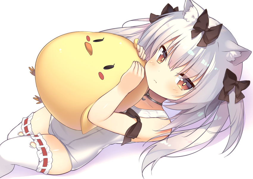 1girl animal_ears annoyed arm_ribbon azur_lane bird bow brown_eyes cat_ears chick choker commentary_request hair_bow highres long_hair looking_at_viewer lying mintoaisu on_back one-piece_swimsuit pout ribbon school_swimsuit silver_hair solo stuffed_toy swimsuit thigh-highs two_side_up white_legwear white_school_swimsuit white_swimsuit yukikaze_(azur_lane)