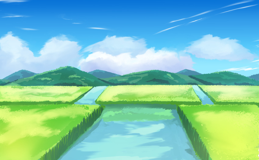 absurdres biako blue_sky clouds cloudy_sky commentary_request day highres mountain mountainous_horizon no_humans original outdoors rice_paddy rural scenery sky water