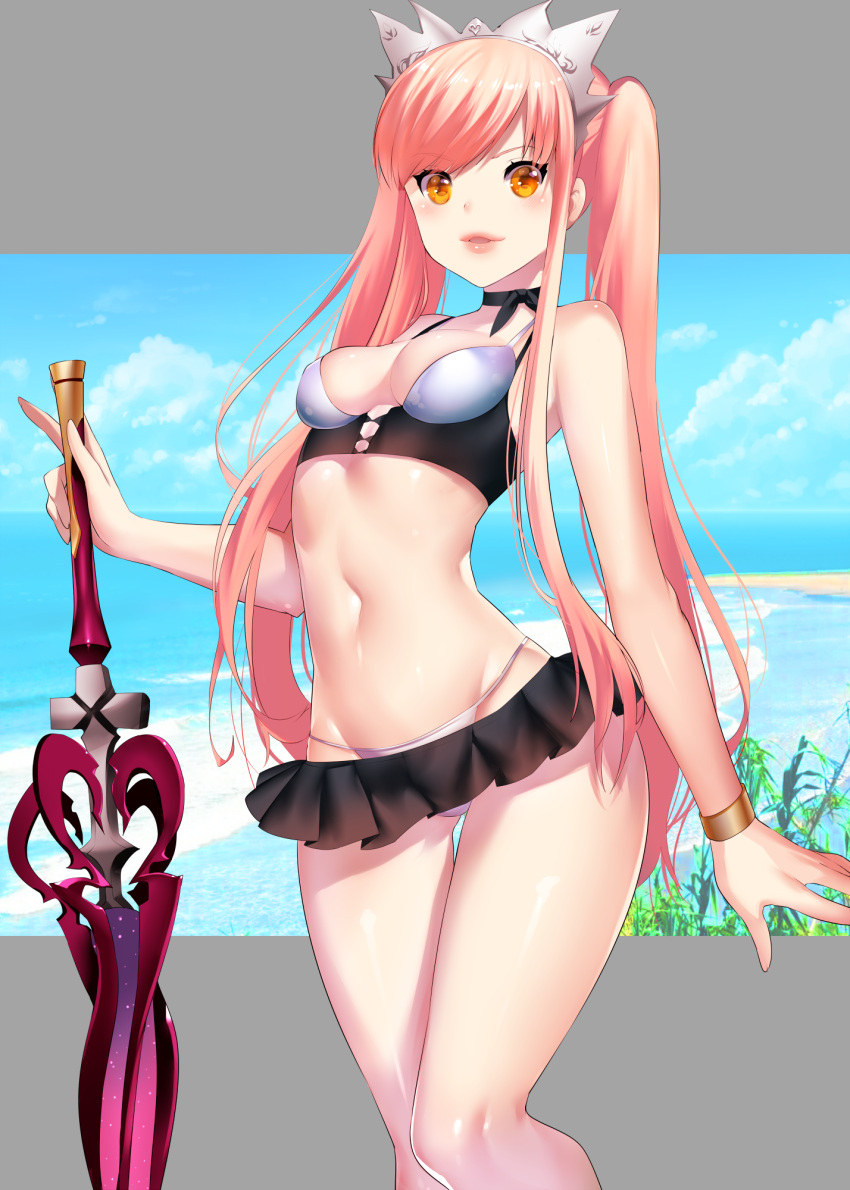 1girl beach bikini black_neckwear blush bracelet choker clouds cowboy_shot fate/grand_order fate_(series) highres holding holding_sword holding_weapon jewelry letterboxed lips lipstick long_hair looking_at_viewer makeup medb_(fate/grand_order) medb_(swimsuit_saber)_(fate) orange_eyes parted_lips pink_hair pink_lipstick rahato sky smile solo standing swimsuit sword thigh_gap tiara twintails water weapon white_bikini