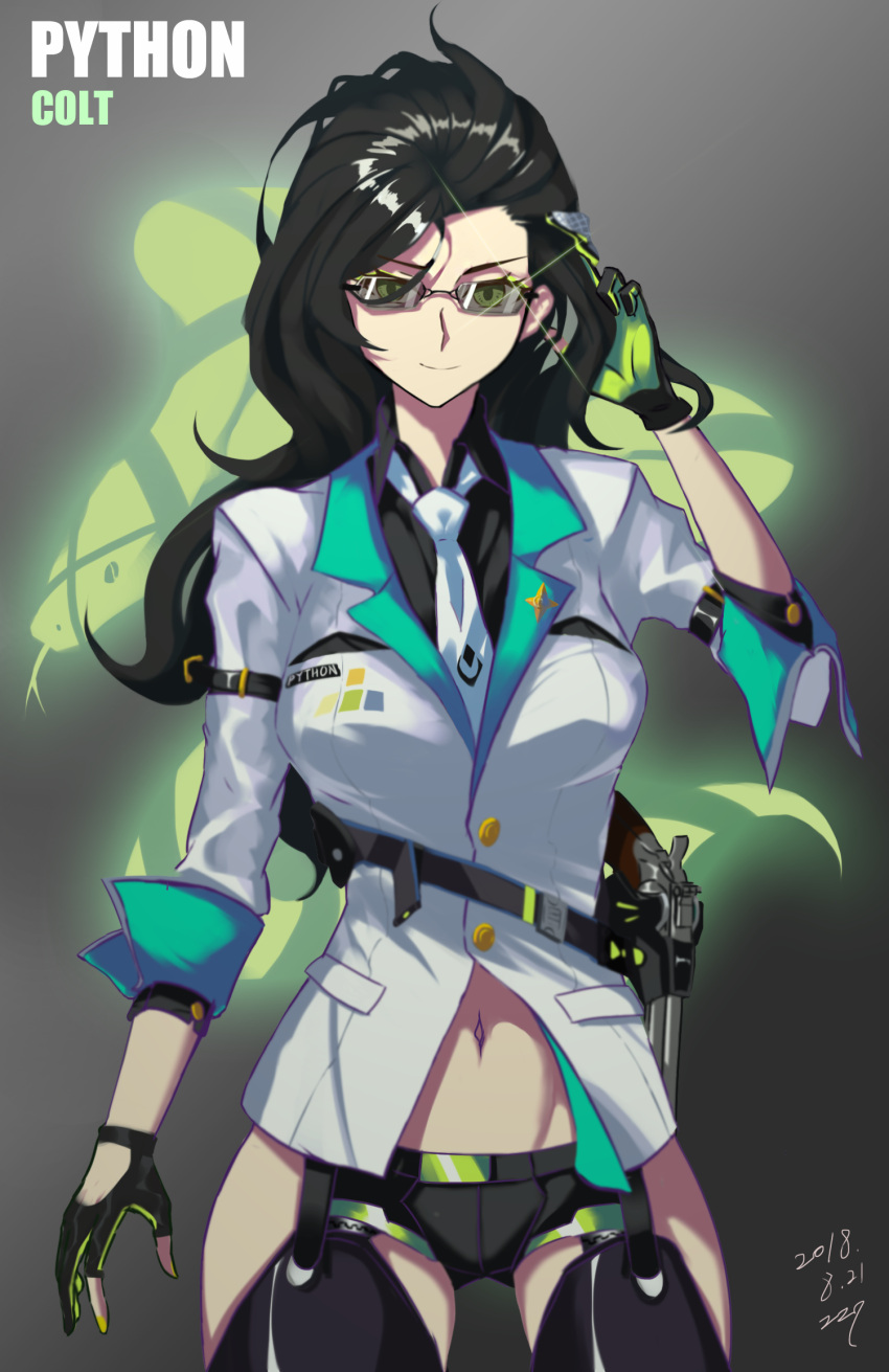 1girl artist_name black_hair colt_python commentary commentary_request dated girls_frontline glasses gloves green_eyes gun handgun highres looking_at_viewer necktie python_(girls_frontline) revolver short_shorts shorts signature thigh-highs weapon zzq