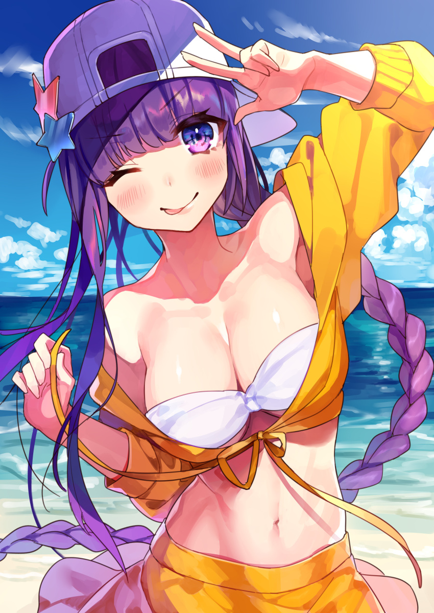 1girl ;p absurdres bb_(fate/extra_ccc) bb_(swimsuit_mooncancer)_(fate) braid commentary_request fate/grand_order fate_(series) highres long_hair ocean one_eye_closed purple_hair single_braid solo tongue tongue_out user_fvsd2278