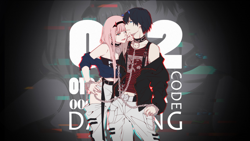 1boy 1girl absurdres bangs bare_shoulders belt black_collar black_hair black_hairband black_jacket black_shirt blue_eyes blue_horns chain_necklace chains character_name chenaze57 collar collarbone commentary couple darling_in_the_franxx english_commentary eyebrows_visible_through_hair green_eyes grey_pants hair_ornament hairband hand_on_another's_chin hand_on_another's_hip hand_on_hip hetero highres hiro_(darling_in_the_franxx) horns jacket jacket_pull long_hair long_sleeves navel navy_blue_jacket oni_horns open_clothes open_jacket pants pink_hair red_horns red_shirt shirt short_hair sleeveless sleeveless_shirt sleeves_rolled_up striped striped_shirt thighs torn_clothes torn_pants zero_two_(darling_in_the_franxx)