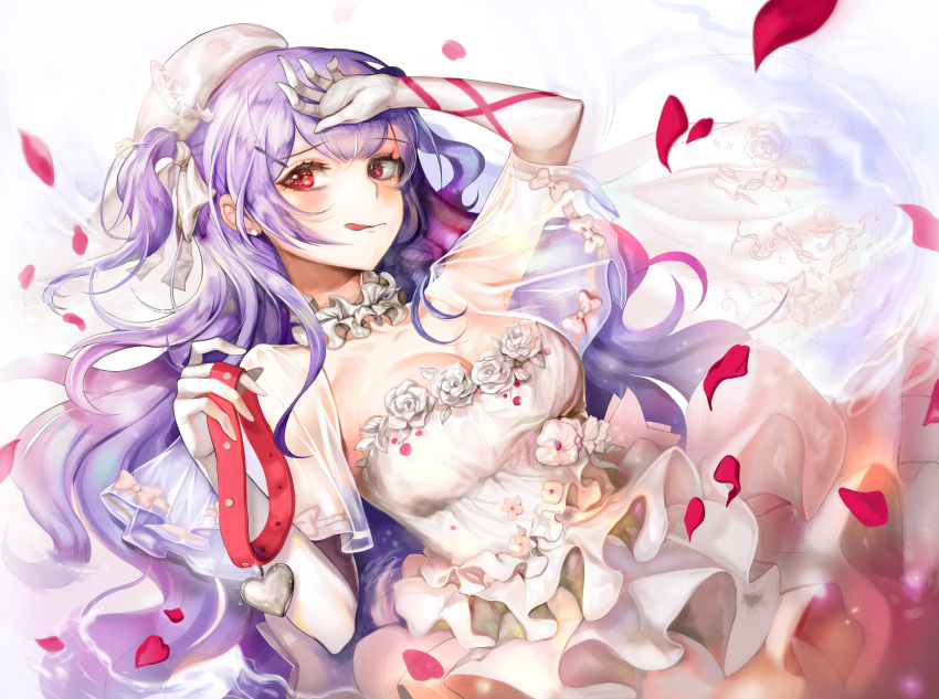 1girl :q absurdres ajax_(azur_lane) alternate_costume arm_ribbon azur_lane bangs beret blush breasts bridal_veil bride choker cleavage collar collarbone dress elbow_gloves eyebrows_visible_through_hair flower frilled_choker frills gloves hair_ornament hairclip hand_to_own_head haribo_kanten hat heart_collar highres layered_dress long_hair looking_at_viewer lying medium_breasts partially_submerged petals purple_hair red_eyes ribbon rose smile solo strapless strapless_dress tongue tongue_out two_side_up veil water wedding_dress white_dress white_flower white_gloves white_hat white_rose