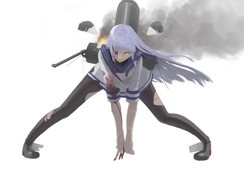 blood blood_on_face bloody_clothes damaged epitaph_(1122) fire floating_headgear highres kantai_collection long_hair murakumo_(kantai_collection) pantyhose rigging sidelocks simple_background smoke torn_clothes torn_pantyhose white_hair yellow_eyes