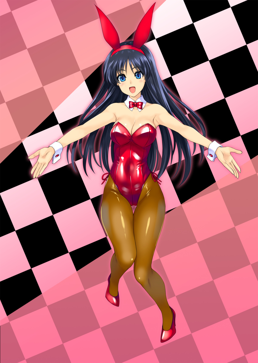 1girl animal_ears bow bowtie breasts brown_legwear bunny_girl bunny_tail bunnysuit checkered checkered_background cleavage detached_collar full_body highres kamia_(not_found) leotard looking_at_viewer medium_breasts open_mouth original outstretched_arms pantyhose rabbit_ears red_leotard red_neckwear smile solo strapless strapless_leotard tail thigh_gap wrist_cuffs