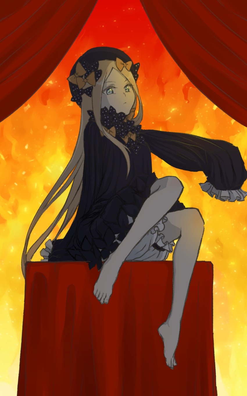 1girl abigail_williams_(fate/grand_order) bangs barefoot black_bow black_dress black_hat blonde_hair bloomers blue_eyes bow bug butterfly closed_mouth dress eyebrows_visible_through_hair fate/grand_order fate_(series) forehead hair_bow hat highres insect long_hair long_sleeves looking_at_viewer orange_bow outstretched_arm parted_bangs polka_dot polka_dot_bow rui_(rui_draw) sitting sleeves_past_fingers sleeves_past_wrists solo toenails underwear very_long_hair white_bloomers