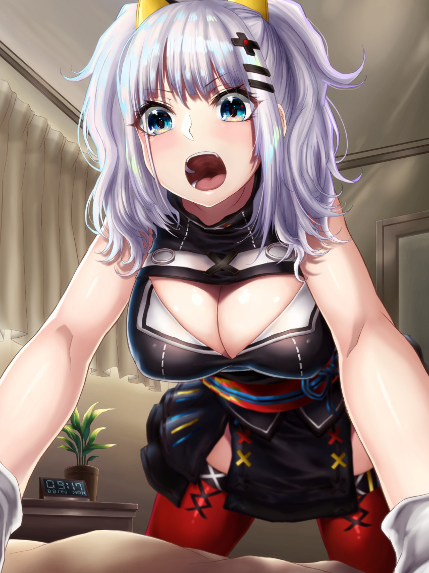 1girl alarm_clock animal_ears arm_support bangs bare_arms bed_sheet bent_over black_dress blue_eyes blunt_bangs blush breasts cat_ears cleavage cleavage_cutout clock commentary_request curtains dress fake_animal_ears foreshortening grey_hair hair_ornament hairclip highres hikari_(komitiookami) indoors kaguya_luna kaguya_luna_(character) large_breasts long_hair obi open_mouth plant potted_plant red_legwear sash side_slit sleeveless sleeveless_dress solo teeth thigh-highs twintails v-shaped_eyebrows virtual_youtuber