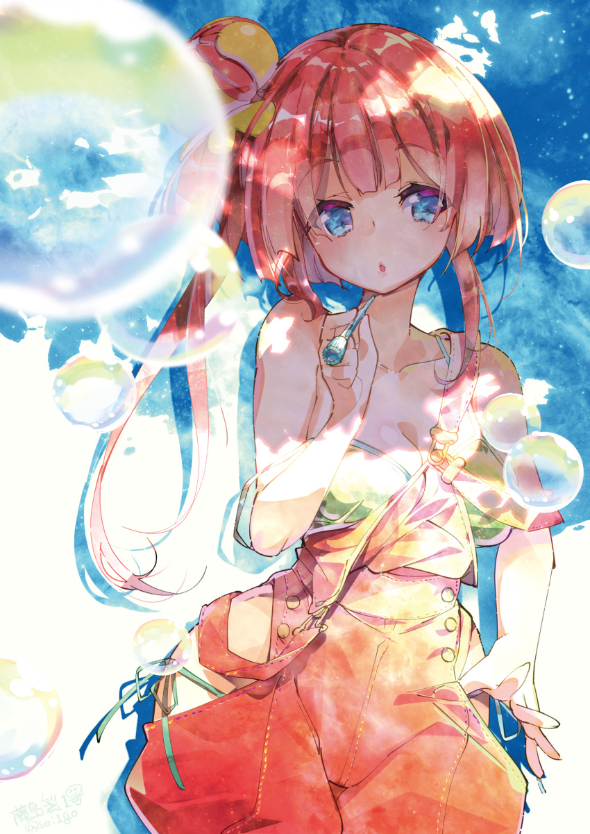 1girl akabana_suiren_(flower_knight_girl) bare_arms bare_shoulders bikini bikini_under_clothes blue_eyes blue_sky breasts bubble bubble_blowing bubble_pipe cleavage collarbone commentary_request day flower_knight_girl fujishima-sei_ichi-gou green_bikini hair_bun hair_ornament hand_up head_tilt highres holding long_hair looking_at_viewer medium_breasts outdoors overalls parted_lips redhead side-tie_bikini side_bun side_ponytail sky solo strap_slip swimsuit very_long_hair