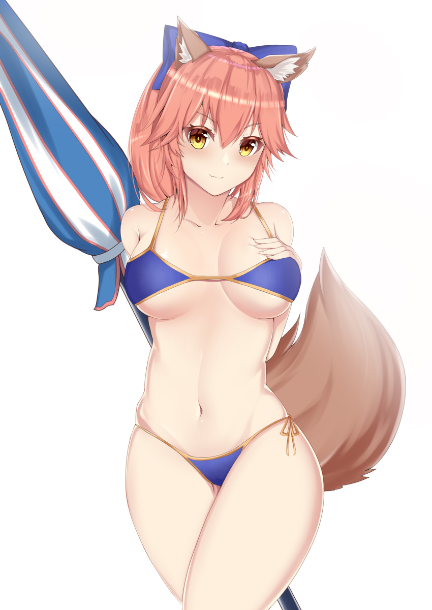 1girl absurdres animal_ears bangs bare_shoulders beach_umbrella bikini blue_bikini blush breasts brown_eyes brown_hair closed_mouth collarbone commentary_request eyebrows_visible_through_hair fang fang_out fate/grand_order fate_(series) fingernails fox_ears fox_girl fox_tail hair_between_eyes hand_on_own_chest hand_up head_tilt highres large_breasts legs_crossed looking_at_viewer mo_ying_yu navel side-tie_bikini simple_background smile solo swimsuit tail tamamo_(fate)_(all) tamamo_no_mae_(swimsuit_lancer)_(fate) umbrella white_background