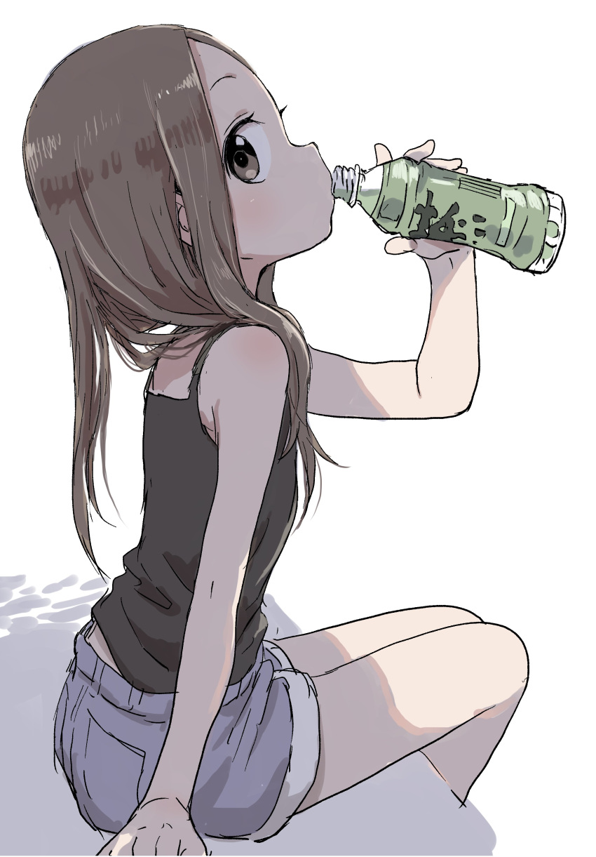 1girl absurdres bare_arms bare_shoulders black_camisole blush bottle brown_hair camisole commentary_request denim denim_shorts drinking from_side highres holding karakai_jouzu_no_takagi-san legs_together long_hair looking_at_viewer looking_to_the_side short_shorts shorts simple_background solo takagi-san water_bottle white_background yamamoto_souichirou