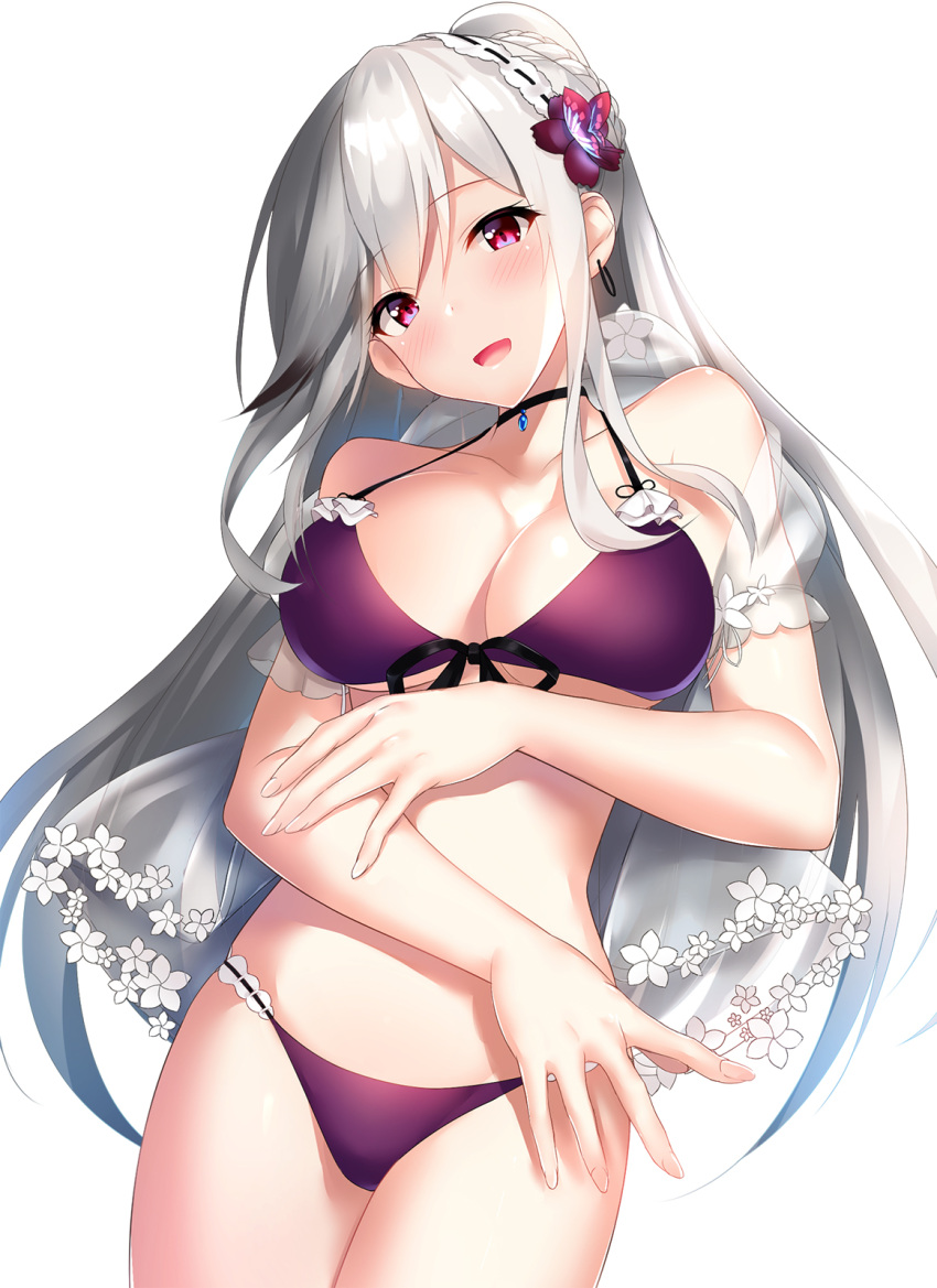 1girl :d azur_lane bangs bare_shoulders bikini black_choker blush breasts choker cleavage cocona collarbone cowboy_shot dunkerque_(azur_lane) earrings eyebrows_visible_through_hair flower grey_hair groin hair_flower hair_ornament hairband halterneck head_tilt headdress highres hoop_earrings jewelry large_breasts long_hair looking_at_viewer navel open_mouth pink_eyes ponytail purple_bikini sapphire_(stone) see-through sidelocks simple_background single_earring skindentation smile solo stomach swimsuit thighs white_background