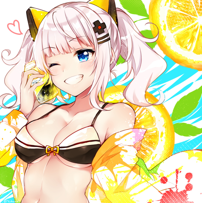 1girl ;&lt; bangs bare_shoulders bikini black_bikini blue_eyes blunt_bangs blush breasts can can_to_cheek cleavage collarbone commentary_request eyebrows_visible_through_hair fukunoki_tokuwa grin hair_ornament hairclip heart highres holding holding_can kaguya_luna kaguya_luna_(character) medium_breasts navel one_eye_closed sidelocks silver_hair smile solo swimsuit twintails twitter_username upper_body virtual_youtuber