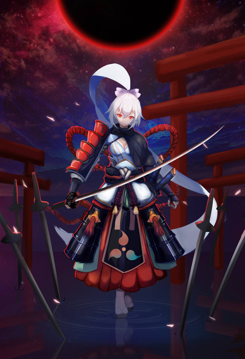 1girl absurdly_long_hair absurdres armor breasts cleavage eclipse fate/grand_order fate_(series) hakama highres japanese_armor japanese_clothes kote kuroha_(rockluo213) kusazuri long_hair looking_at_viewer lunar_eclipse medium_breasts moon red_eyes red_moon rope shimenawa shoulder_armor silver_hair sode solo standing standing_on_liquid tomoe_gozen torii very_long_hair