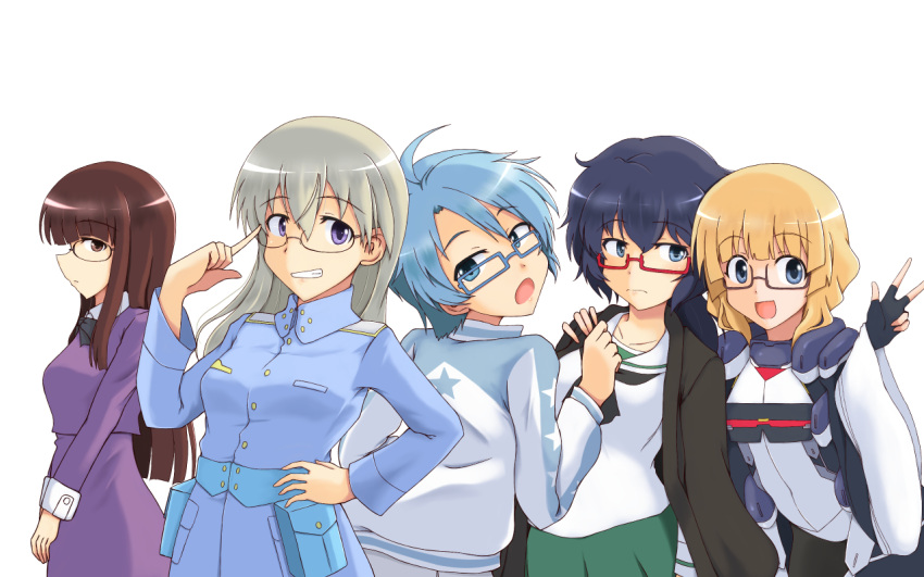 5girls adele_balfetto aoi_(houkago_no_pleiades) bangs blonde_hair blue_eyes blue_hair breasts commentary_request eila_ilmatar_juutilainen eyebrows_visible_through_hair girls_und_panzer glasses hair_between_eyes houkago_no_pleiades isosceles_triangle_(xyzxyzxyz) kyoukaisenjou_no_horizon long_hair messy_hair military military_uniform multiple_girls ooarai_school_uniform oohashi_ayuru open_mouth oryou_(girls_und_panzer) saki sawamura_tomoki school_uniform seiyuu_connection serafuku short_hair smile star strike_witches uniform world_witches_series