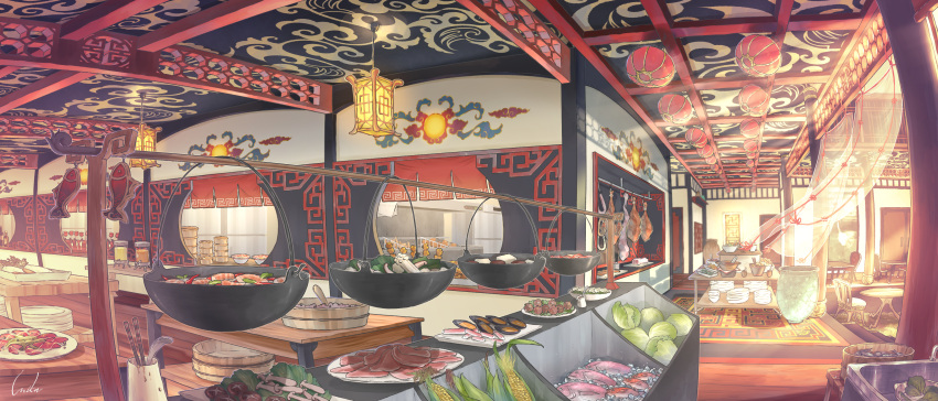 absurdres cabbage carrot chair chicken_(food) chopsticks corn cutting_board fish food highres indoors inika ladle meatball no_humans original plate restaurant sashimi scenery sitting table