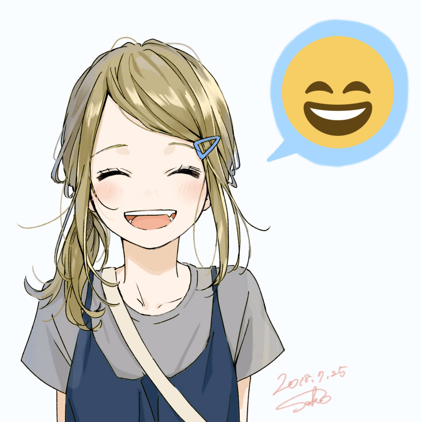 1girl :d blonde_hair blush closed_eyes commentary_request dated emoji facing_viewer fang grey_hair hair_ornament hairclip highres low_ponytail open_mouth original sako_(user_ndpz5754) short_sleeves side_ponytail signature smile solo upper_body