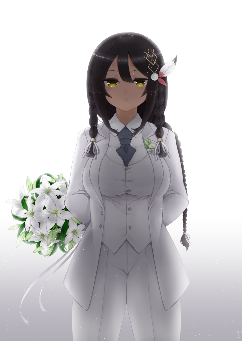 1girl arms_behind_back azur_lane bangs bouquet breasts brown_eyes brown_hair closed_mouth collared_shirt commentary_request cowboy_shot eyebrows_visible_through_hair flower formal gloves gradient gradient_background grey_background grey_neckwear hair_between_eyes hair_ornament hair_ribbon highres jacket kanda_(kvzs4332) large_breasts long_hair looking_at_viewer necktie pant_suit pants ribbon shirt sidelocks solo south_dakota_(azur_lane) standing suit tress_ribbon tri_braids very_long_hair vest white_background white_gloves white_jacket white_pants white_ribbon white_shirt white_vest