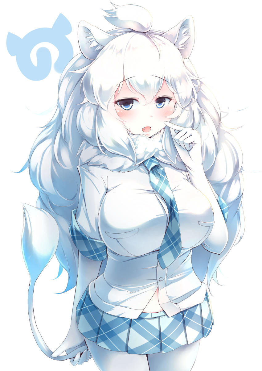 1girl absurdres bangs blue_eyes blush breasts commentary elbow_gloves eyebrows_visible_through_hair fang finger_to_mouth fur_collar gloves hair_between_eyes highres japari_symbol kanzakietc kemono_friends large_breasts lion_tail long_hair looking_at_viewer midriff_peek open_mouth pantyhose plaid plaid_neckwear plaid_skirt plaid_trim pleated_skirt short_sleeves simple_background skirt solo tail white_background white_gloves white_hair white_legwear white_lion_(kemono_friends)