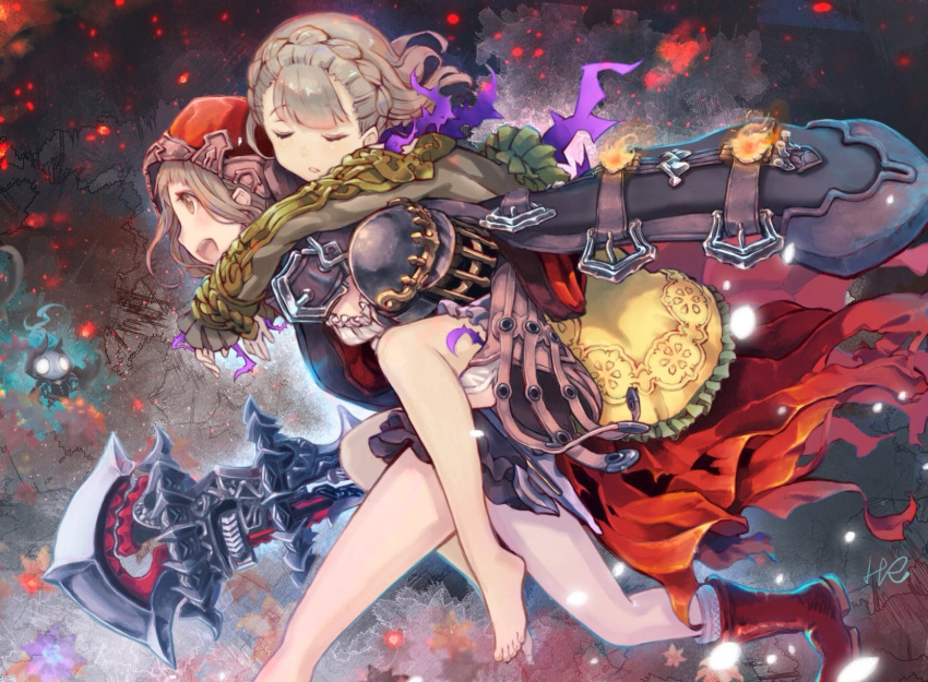2girls :d barefoot blush boots braid cape carrying character_request closed_eyes from_side grey_hair highres holding holding_weapon hood hood_up hoshizaki_reita long_sleeves multiple_girls open_mouth parted_lips piggyback profile red_cape red_footwear running sideways_mouth signature sinoalice sleeping smile weapon