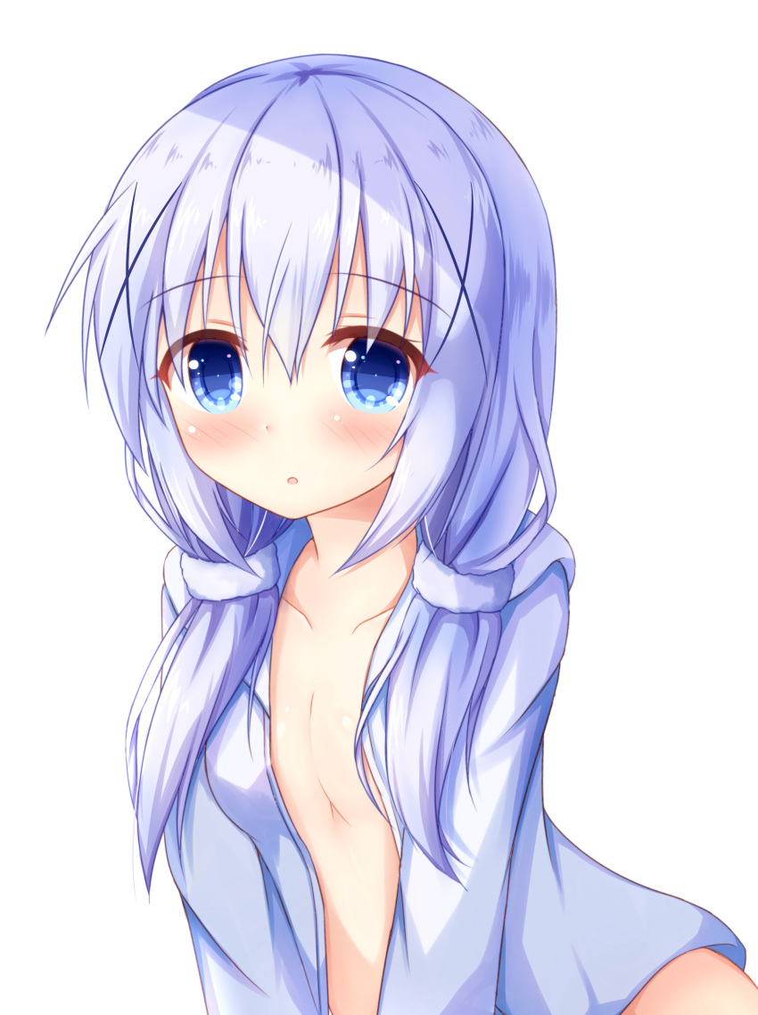 1girl :o absurdres bad_revision bangs blue_eyes blue_hair blue_jacket blush breasts cleavage collarbone commentary_request downscaled_revision eyebrows_visible_through_hair gochuumon_wa_usagi_desu_ka? hair_between_eyes hair_ornament hair_over_breasts highres hood hooded_jacket jacket kafuu_chino kedama_(kedama_akaza) long_hair looking_at_viewer low_twintails open_clothes open_jacket parted_lips simple_background small_breasts solo twintails white_background x_hair_ornament