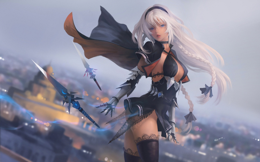 1girl aura bangs black_dress black_hair blue_eyes blue_ribbon braid breasts building capelet capelet_lift choker city cityscape cleavage commentary dress english_commentary flying_sword gauntlets hair_between_eyes hair_ribbon hairband halterneck highres lace long_hair looking_at_viewer medium_breasts multiple_braids multiple_swords original parted_lips ribbon sideboob sky standing sword taejune_kim thigh-highs thighs weapon white_hair