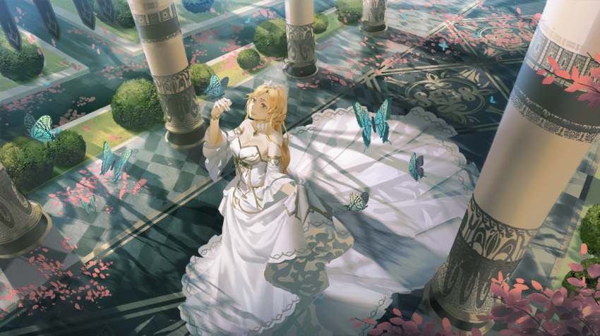 1girl angelia blonde_hair blue_eyes blush breasts bug butterfly cleavage closed_mouth collarbone day dress insect large_breasts long_hair looking_away outdoors pillar sawana scenery sdorica_-sunset- smile solo standing white_dress