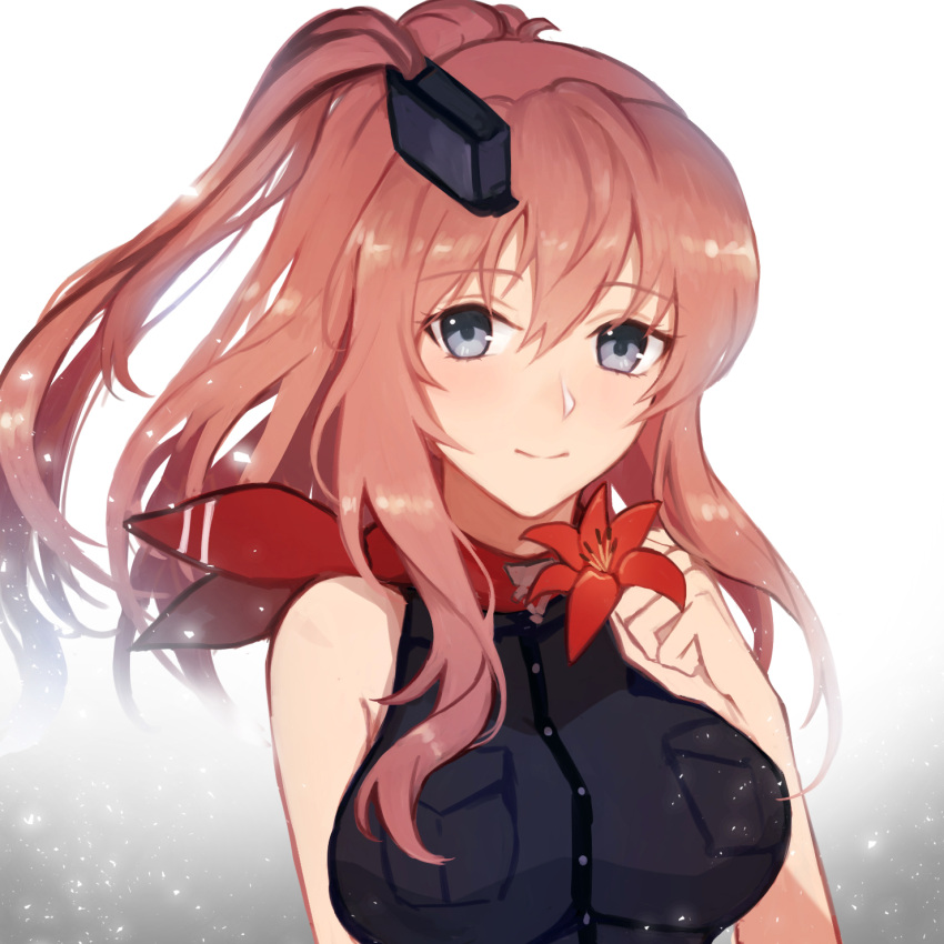 bangs black_dress blue_eyes blush breast_pocket breasts brown_hair buttons closed_mouth commentary dress eyebrows_visible_through_hair floating_hair flower hair_between_eyes hair_ornament headgear highres holding holding_flower kantai_collection kocona large_breasts light_particles neckerchief pocket ponytail red_neckwear red_scarf remodel_(kantai_collection) saratoga_(kantai_collection) scarf side_ponytail sidelocks sleeveless sleeveless_dress smile smokestack smokestack_hair_ornament upper_body