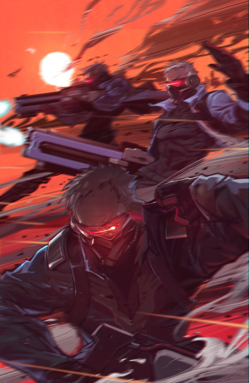 6+boys absurdres action black_gloves blue_jacket clone covered_mouth face_mask firing gloves gun highres jacket kanchou_dairi male_focus mask multiple_boys open_clothes open_jacket overwatch rifle soldier:_76_(overwatch) visor weapon white_hair