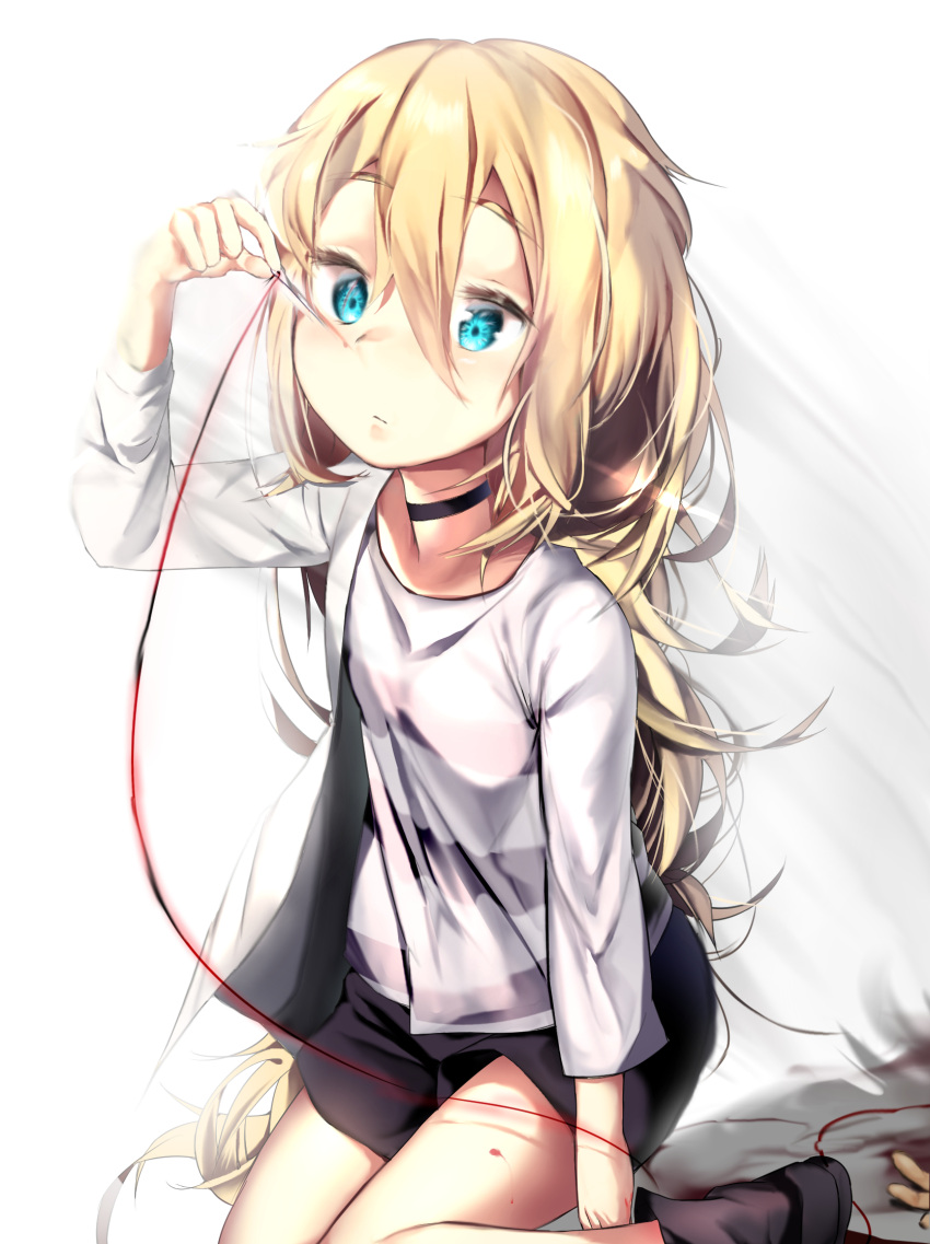 1girl arm_at_side arm_up bangs blonde_hair blue_eyes cheosnuni choker eyebrows_visible_through_hair hair_between_eyes highres kneeling long_hair long_sleeves looking_at_viewer needle rachel_gardner red_string satsuriku_no_tenshi shorts solo string